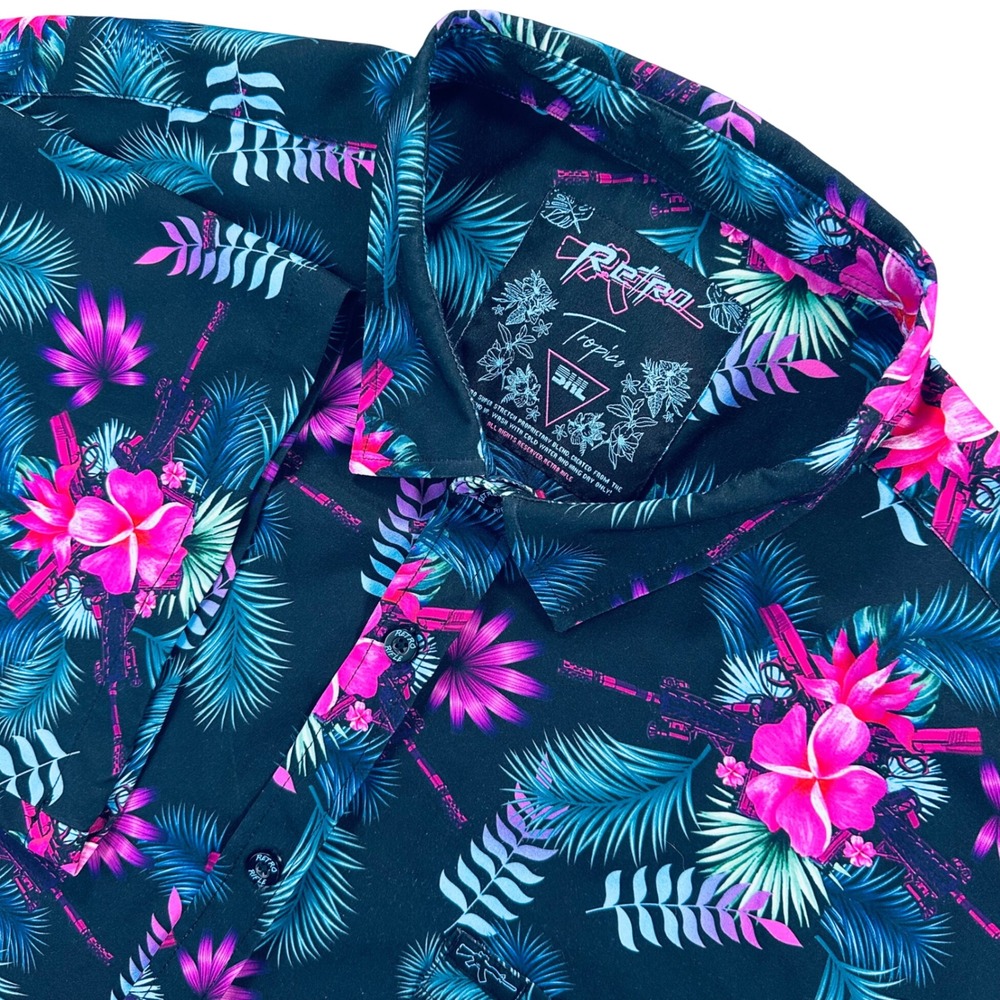 Retro Rifle Tropics Black Pink Floral Tactical Gun Print Shirt Men's 3XL Stretch
